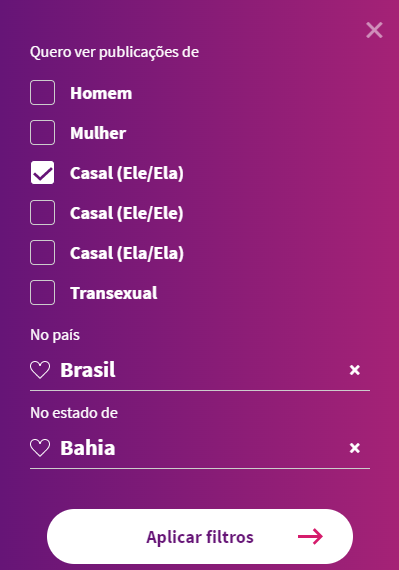 Seleção de filtros no Sexlog